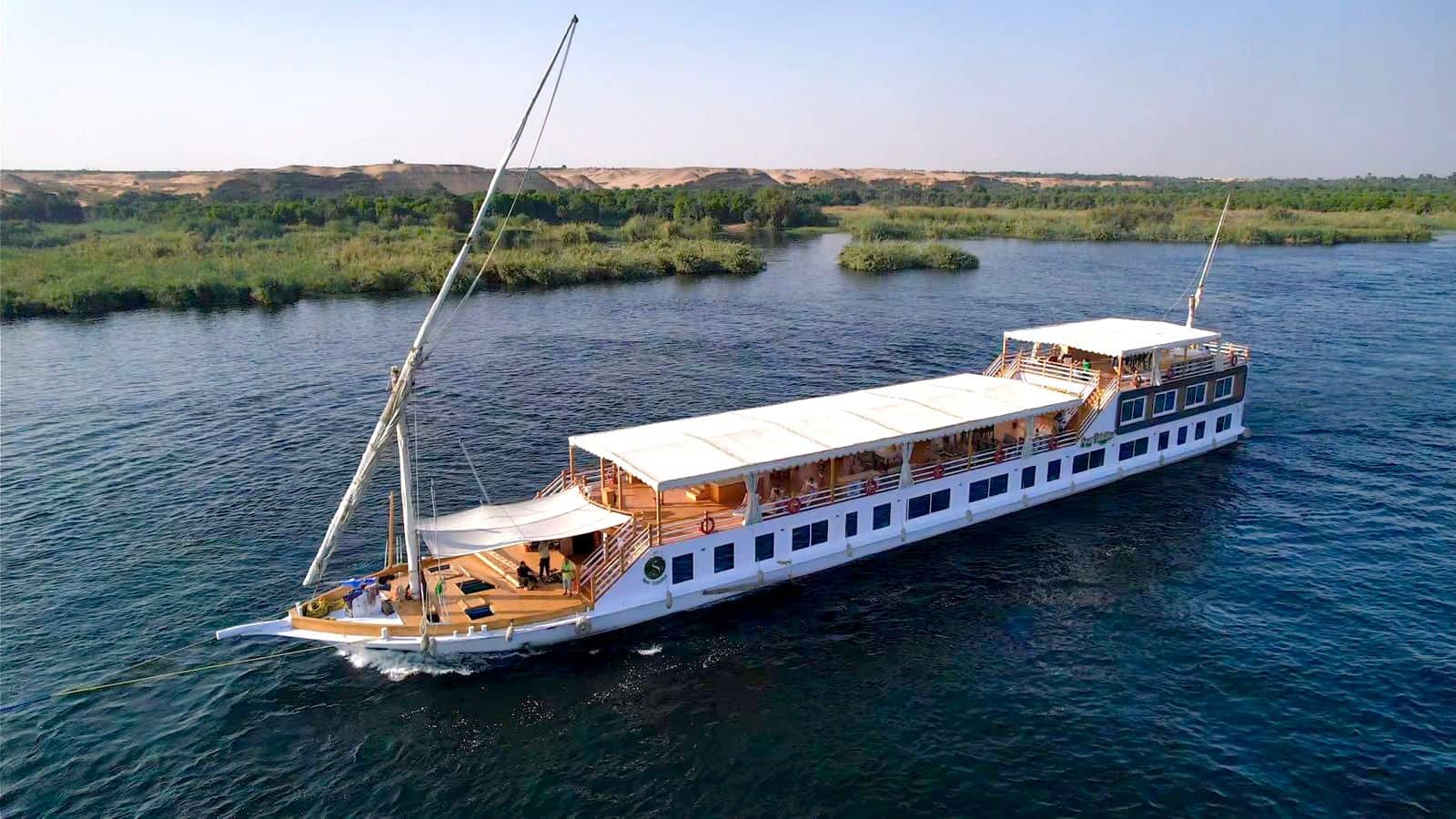 Aerial view of a Dahabiya sailing boat on the Nile